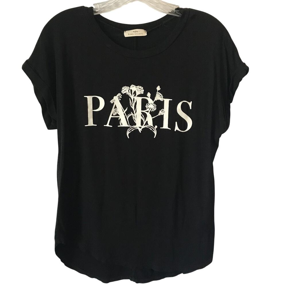 Rebel Society Top Small Womens Top Paris Graphic Black White Short Roll Sleeve